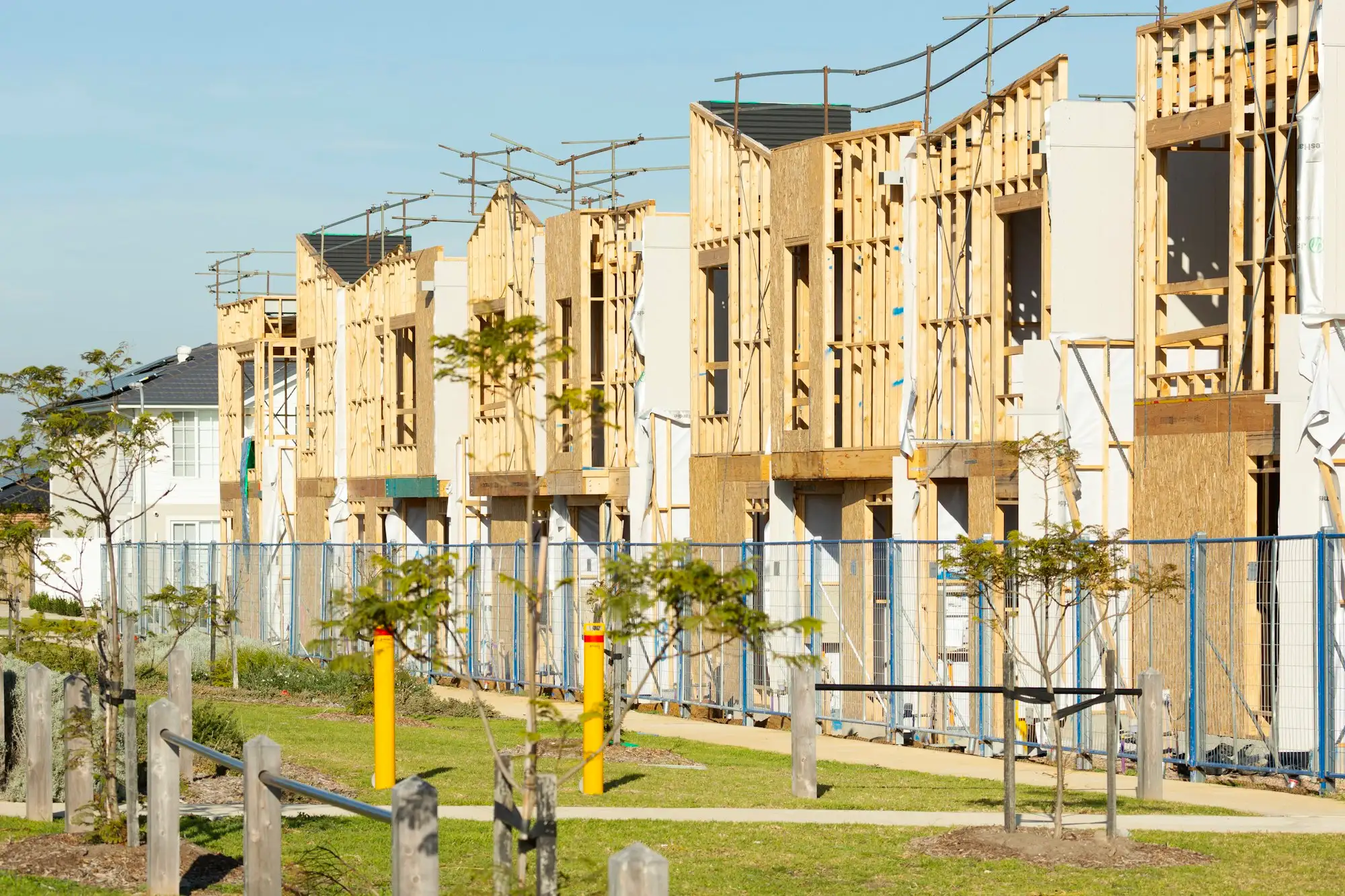 Row of townhouses under construction on an Australian building site